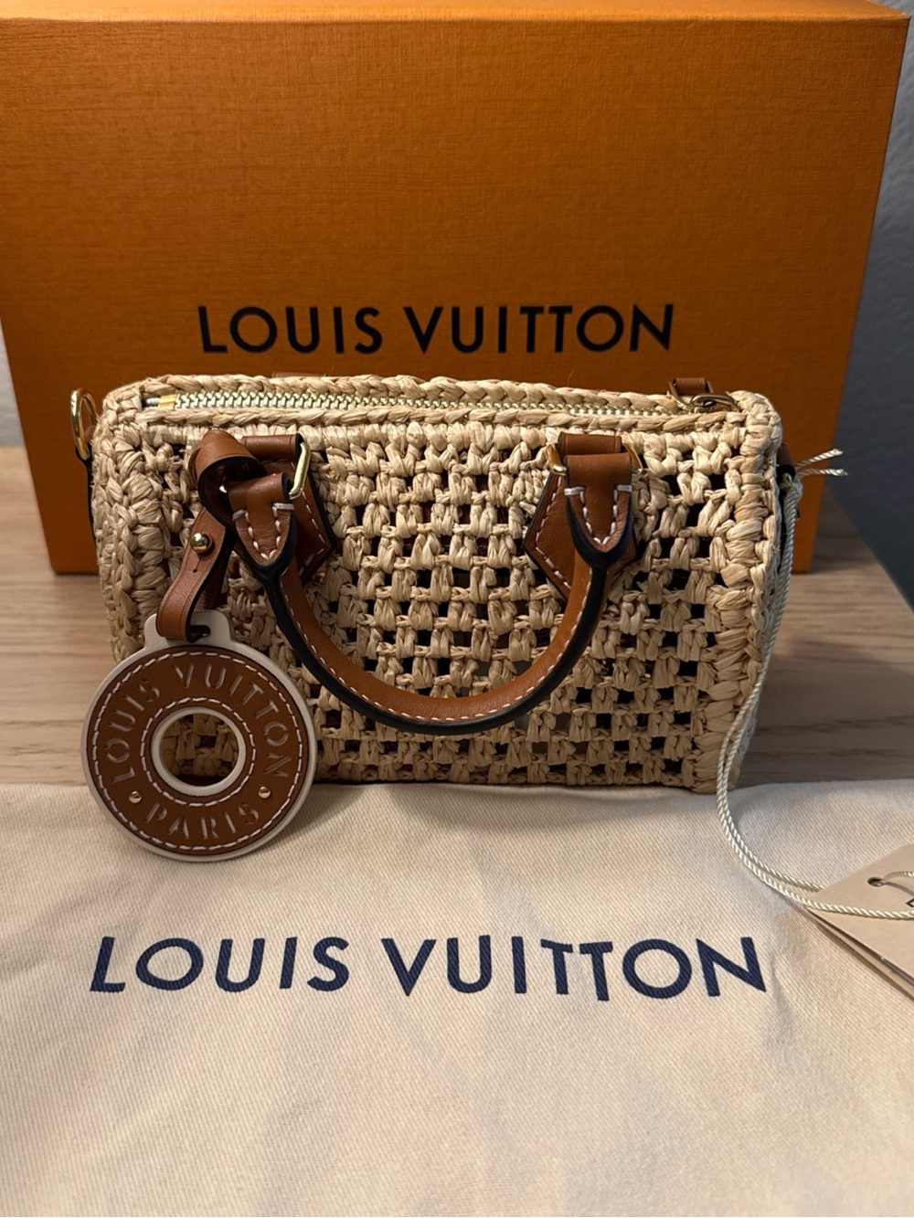 Louis Vuitton Nano Speedy Beige Raffia Woven Mini Bag with Brown Leather Trim